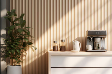 an elegant interior of a kitchen counter and coffee maker with utensil