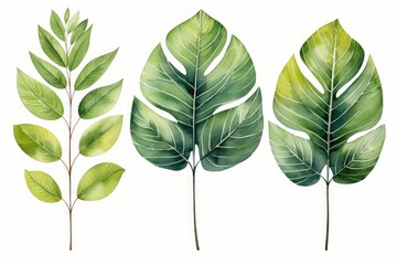 Leaves and foliage. Watercolor tropical plants and leaves. Isolated