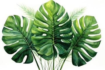 Fototapeta na wymiar Leaves and foliage. Watercolor tropical plants and leaves. Isolated
