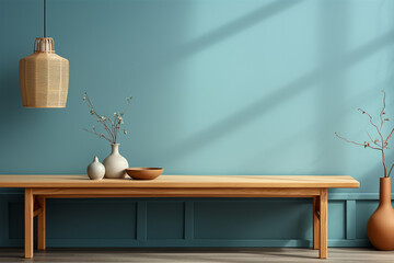 a wooden console table near a window in empty room with wallmounted - obrazy, fototapety, plakaty