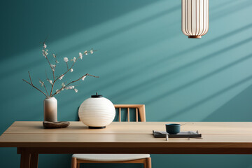 a wooden console table near a window in empty room with wallmounted