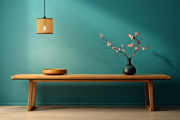 a wooden console table near a window in empty room with wallmounted