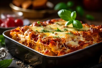 Freshly baked Lasagne food photography, product shoot for cookbook, Christmas themed decorations, High resolution - obrazy, fototapety, plakaty
