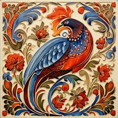 retro vintage ornate ornament tile glazed slavic russian mosaic pattern floral blue square art - obrazy, fototapety, plakaty