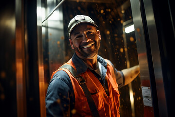 a smiling Elevator repairman in a high rise elevator - obrazy, fototapety, plakaty