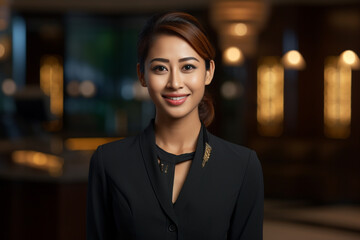 beautiful asian female hotel receptionist standing in front of the hotel reception counter - obrazy, fototapety, plakaty