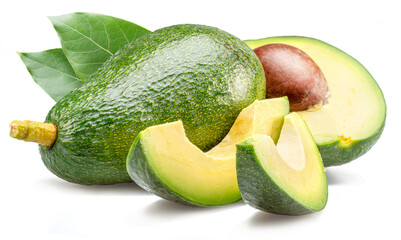 Avocado fruit with avocado slices isolated on white background.
