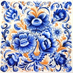 Abwaschbare Fototapete Portugal Keramikfliesen retro vintage ornate ornament tile glazed portuguese mosaic pattern floral blue square art