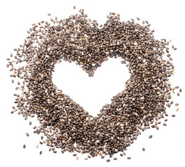 Chia seeds arranged in shape of heart isolated on white background. Top view.
