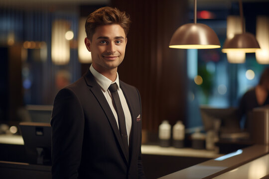 male hotel receptionist standing in front of the hotel reception counter