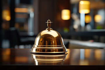 The bell placed on the hotel reception counter - obrazy, fototapety, plakaty