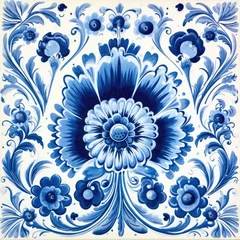 Stof per meter retro vintage ornate ornament tile glazed portuguese mosaic pattern floral blue square art © Wiktoria
