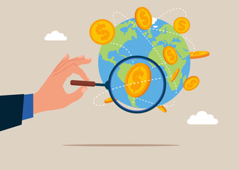 Hand holds a magnifying glass for holding search coins world financial global money exchang. Business deal. Vector illustration.