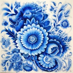 Tapeten retro vintage ornate ornament tile glazed portuguese mosaic pattern floral blue square art © Wiktoria