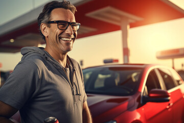 Smiling man with car standing in gas station - obrazy, fototapety, plakaty