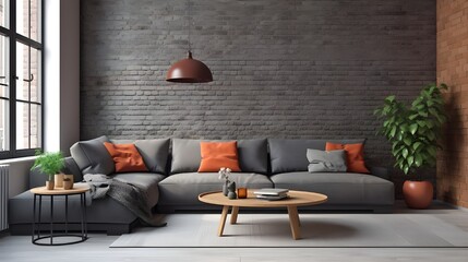 Industrial home interior design of modern living room. Grey corner sofa with terracotta pillows and big round wooden coffee table against window. Generate AI