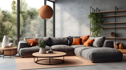 Industrial home interior design of modern living room. Grey corner sofa with terracotta pillows and big round wooden coffee table against window. Generate AI