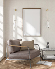 A modern, minimalistic living space featuring a stylish chair, decorative pillows, a side table, and wall-mounted lights, all in neutral tones.. 3D render