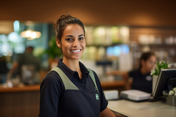 Female cashier smiling at the supermarket