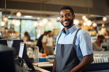 Obraz premium male cashier smiling at the supermarket