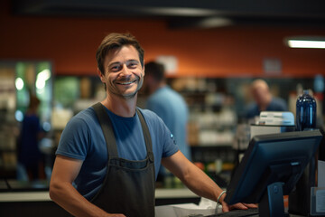 Obraz premium male cashier smiling at the supermarket