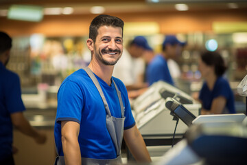 Fototapeta na wymiar male cashier smiling at the supermarket