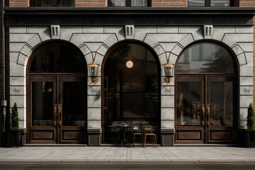 a dark black restaurant with a circular arched entrance
