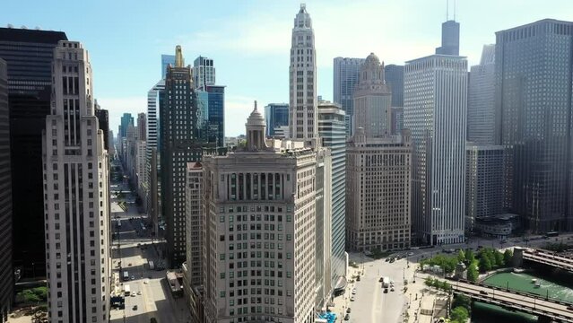 Chicago Illinois USA aerial drone wide footage of Chicago Downtown street on sunny day.  Wide footage 