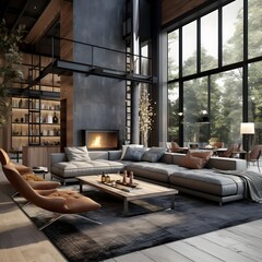 Fototapeta premium Industrial, mid-century style home interior design of modern living room. Generate AI