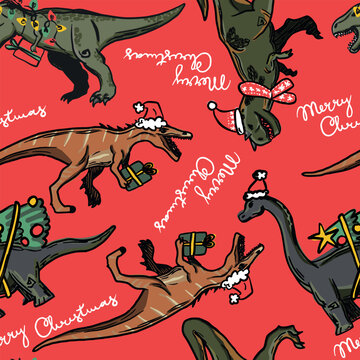 Seamless pattern with christmas dinosaur in hat. Background for t-shirt, stationery, clothes, web, poster, cards and other designs.