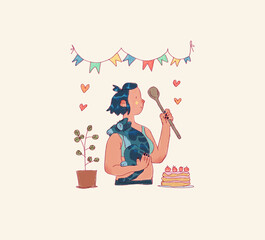 Woman at home with cat