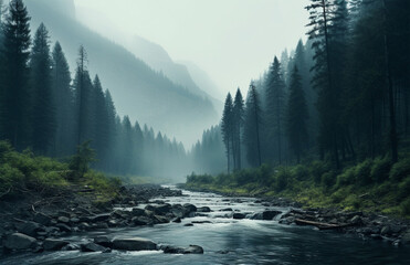 Fototapeta premium Mountain river and foggy morning in Alps. Forest landscape