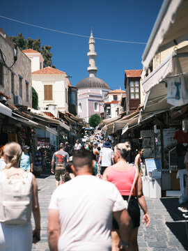 Busy market in the old medieval city of Rhodes, Greece