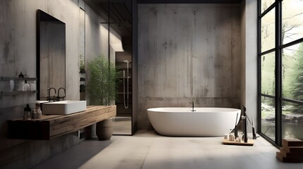 Fototapeta na wymiar Industrial style interior design of modern bathroom with concrete wall. Generate AI