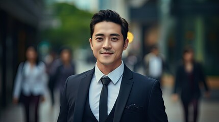 portrait of a handsome smiling white young businessman boss in a black suit walking on a city street to his company office. blurry street background, confident