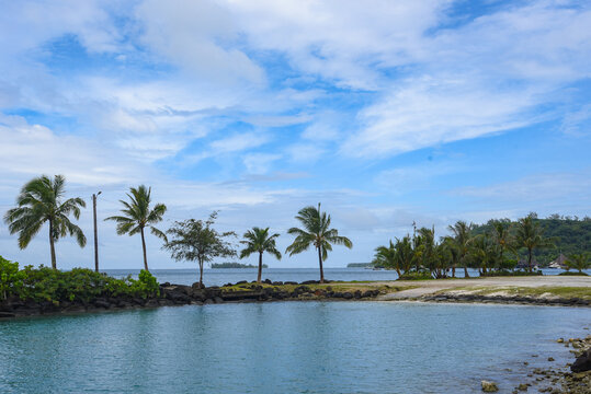 Landscape view to tropical island Bora Bora, South Pacific island northwest of Tahiti in French Polynesia