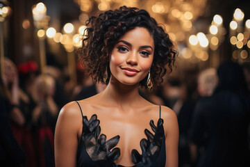 Female model is seen attending a high-profile charity gala, exuding elegance and grace in a sophisticated evening gown - obrazy, fototapety, plakaty
