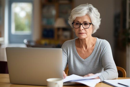 Adult senior 60s woman working at home at laptop.  middle aged woman at table holding document calculating bank loan payments, taxes, fees, and retirement finances. Copy space. Website images