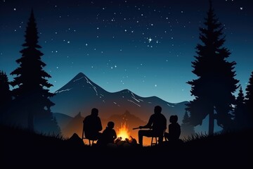 Silhouettes of family sitting opposite camp fire