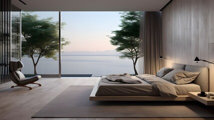 interior design of Minimalist bedroom with floor to ceiling window in seaside house.  Generate AI
