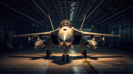 A military fighter jet aircraft parked in military hangar at the base airforce for military mission. Generative Ai - obrazy, fototapety, plakaty