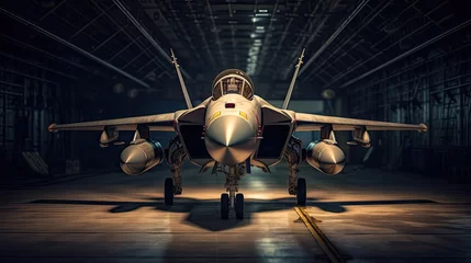 Foto op Canvas A military fighter jet aircraft parked in military hangar at the base airforce for military mission. Generative Ai © tong2530