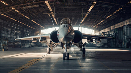 A military fighter jet aircraft parked in military hangar at the base airforce for military mission. Generative Ai