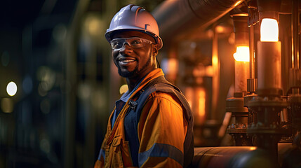 Obraz premium African american young man petrochemical engineer working at night Inside oil and gas refinery plant factory. Generative Ai.