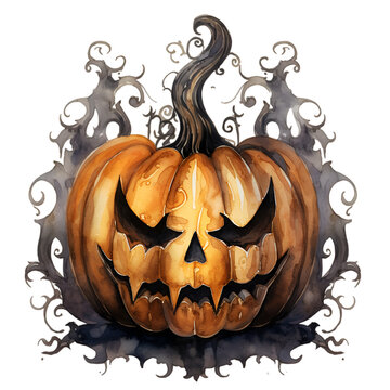 Watercolor illustration of a black autumn halloween pumpkin. Generative AI, png image.