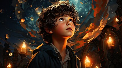 Child observing the universe with enthusiasm and curiosity. Generative AI