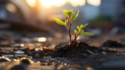 Plants emerge though asphalt, symbol for bright hope of life and success.