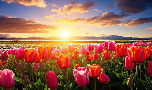 Golden sun illuminates a vast field of vibrant tulips.