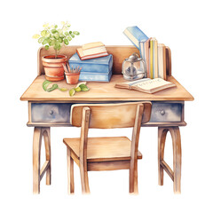 Watercolor illustration of a school desk. Generative AI, png image.