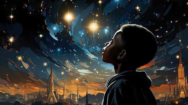 Child observing the universe with enthusiasm and curiosity. Generative AI